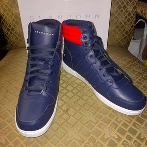 Sean John Maurano Supreme Leather Sneaker Navy With Red Accent Size 12 New